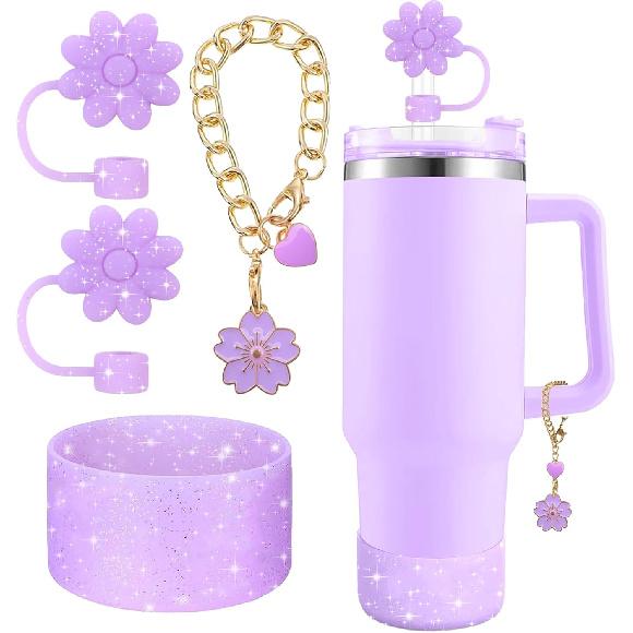 Accessories for Stanley Cup Set,2Pcs Flower Straw Cover Caps 10mm Reble Brown Straw Toppers,1Pcs Cute Handle Charm and 1Pcs Silicone Boot Sleeve for