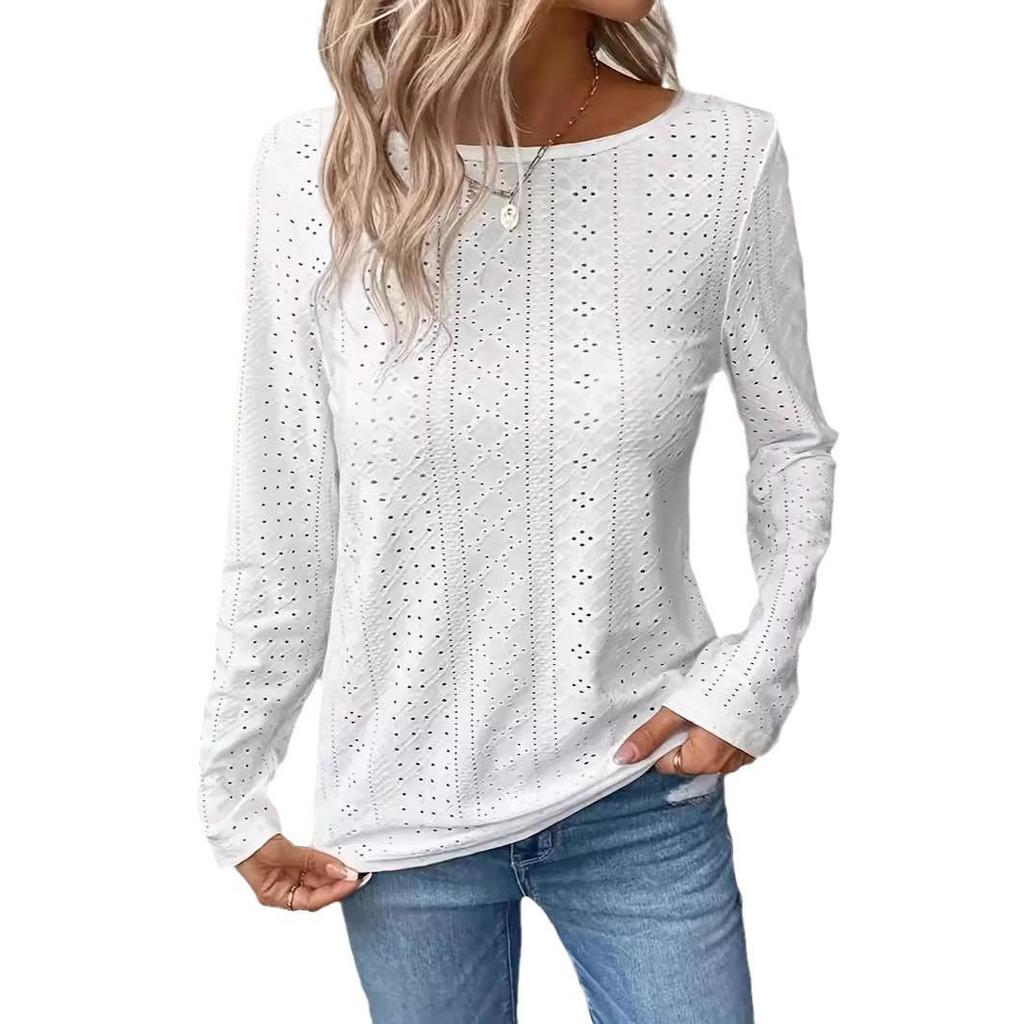 2024 Women's Mesh Jacquard Round Neck Long-Sleeve Casual T-Shirt for Autumn/Winter