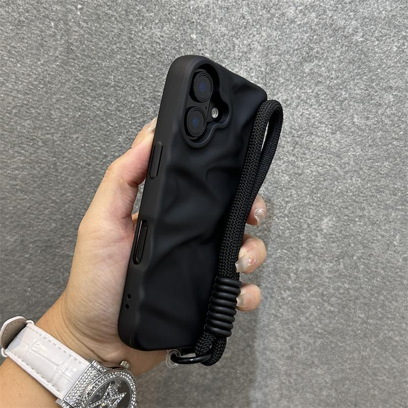 Fashion Solid Colours Pleated Lanyard Cover for iPhone 17 Air 17 16 15 14 13 12 Pro Max Plus Bracelets Slim Silicone Soft Case