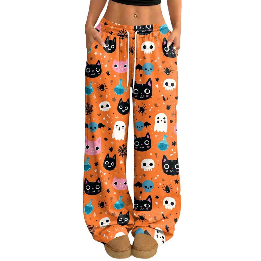 Women's Casual Loose Fit Wide Leg Pants with Halloween Print, Elastic Waist Drawstring for Holiday Party