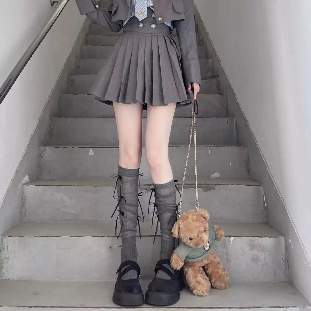 

Lolita Streamer Butterfly Calf Socks Spring And Summer Bow Cotton Socks Lolita Stack Socks Splicing Preppy Style one size серый