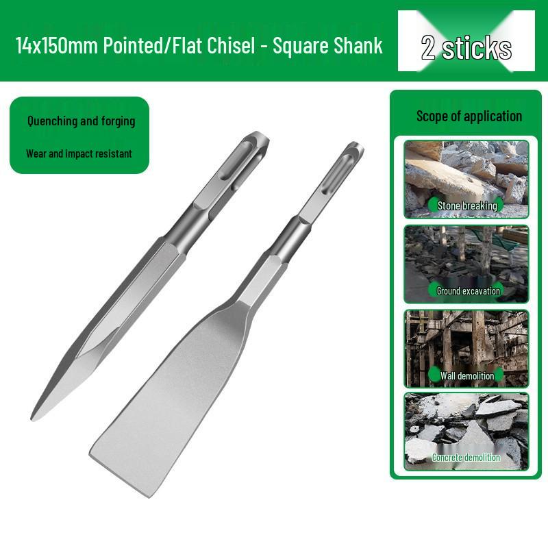 Electric Hammer Drill Bit Set: Square/Round/Hex Shanks, Ultra-Thin Flat/Point Chisel, Shovel, Slotted Wall-Cutting Chisel Head.