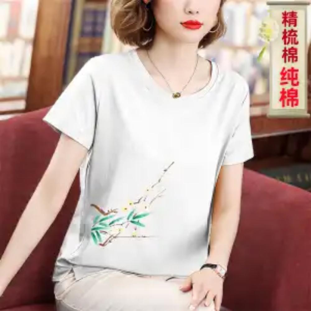Pure Cotton T-shirt Short-sleeved Women's Round Neck Summer Wear Middle-aged Top Belly-covering T-shirt