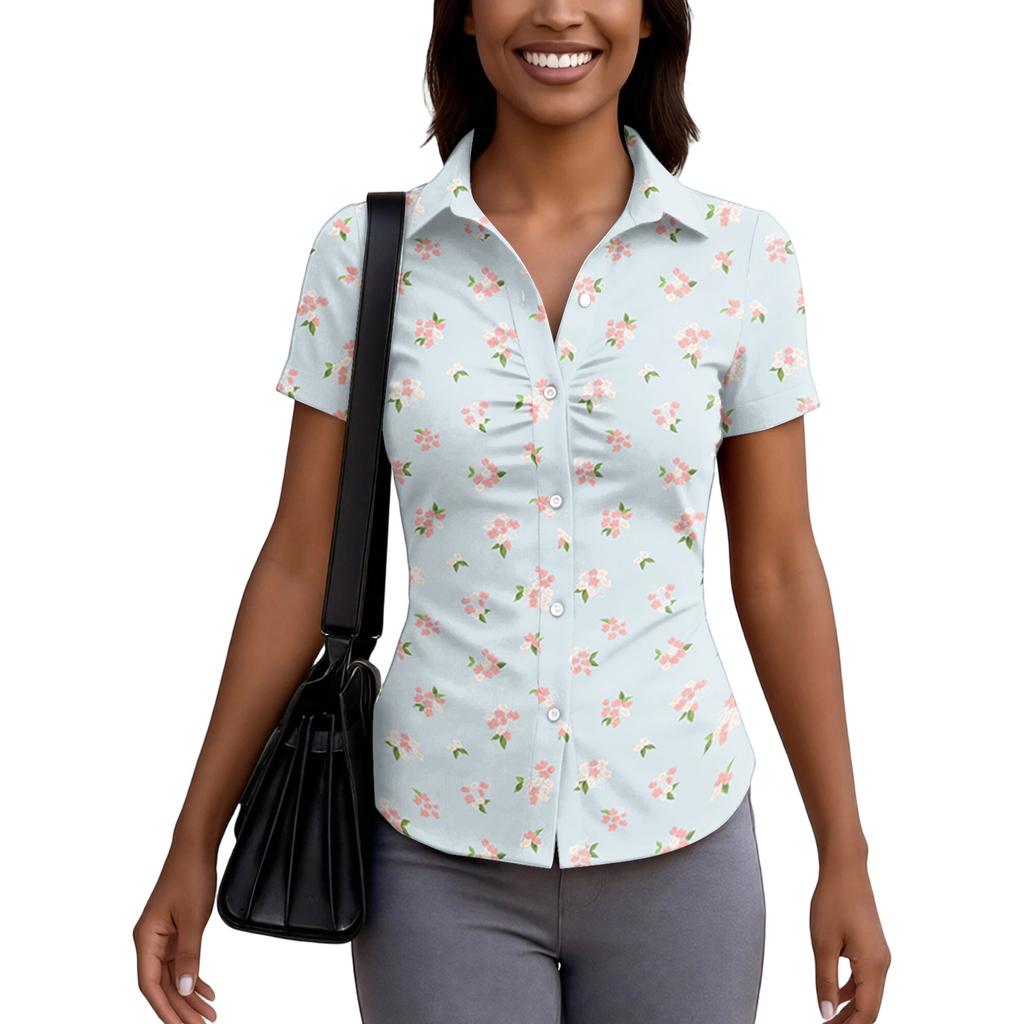 Damen Kurzarm Hemdbluse Slim Fit Knopfleiste Sommer Leichtes Bedrucktes Oberteil für Büro und Freizeit