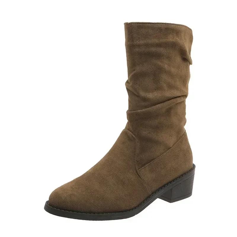 Women's Shoes on Sale Sleeve Women's Boots Autumn Round Toe Suede Solid Middle Tube Chunky Heels Fashion Boots Zapatos De Mujer