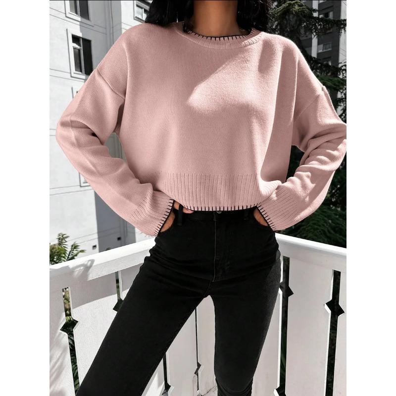High Waist Contrasting Color Knitted Sweater Women's Early Autumn New Loose Short Pullover Sweater