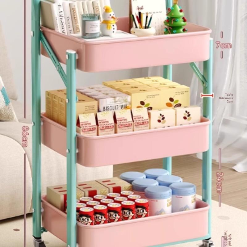 Foldable Multi-Layer Snack Storage Rack Dopamine Rolling Cart Mobile Kitchen Organizer Floor Stand Book Storage Rack