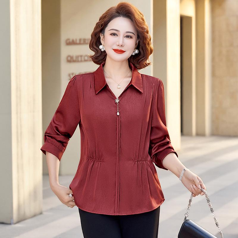 

Elegant Spring-Summer Long Sleeve Top for Middle-Aged & Elderly Women - Age-Reducing Solid Color Style for 2026 3XL [Recommended for 58-65 kg] червоний