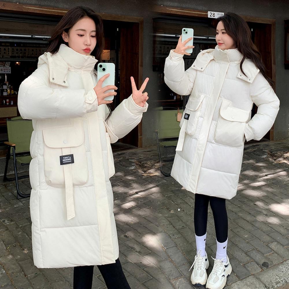 Winter new Korean version hooded medium and long contrasting colors loose thickened padded jacket jacket padded coat women