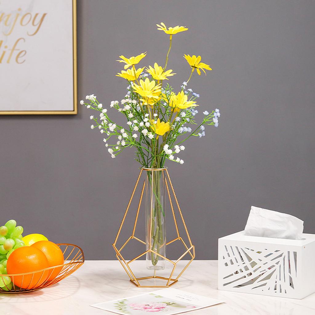 Metal Frame Vase with Clear Glass Tube Hydroponic Container for Desk Decoration