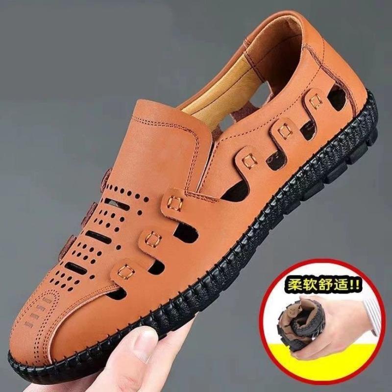 Men's shoes spring and summer new comfortable hollow soft sole leather sandals fashion trend lightweight one-pedal men's shoes
