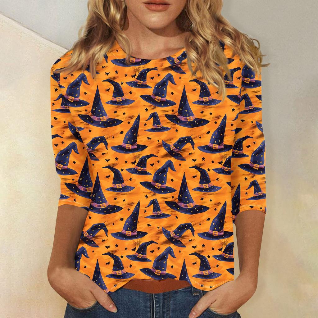 Women's Fashion Casual Round Neck 3/4 Sleeve Loose  Printed T-Shirt Ladies Top