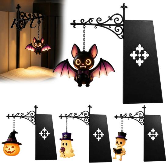 Halloween Themed Gift Iron Library Lamp, Vintage Bookshelf Light with Ghost Pumpkin Bat Reading Nook Accents Pendants, Nightlight, Spooky Desktop