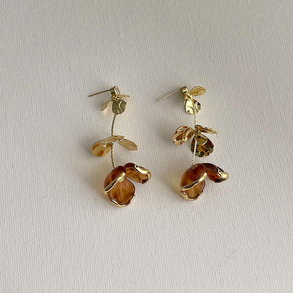 Caramel Amber Flower Tassel Earrings - Women's Luxury Long Dangle Earrings for Autumn/Winter