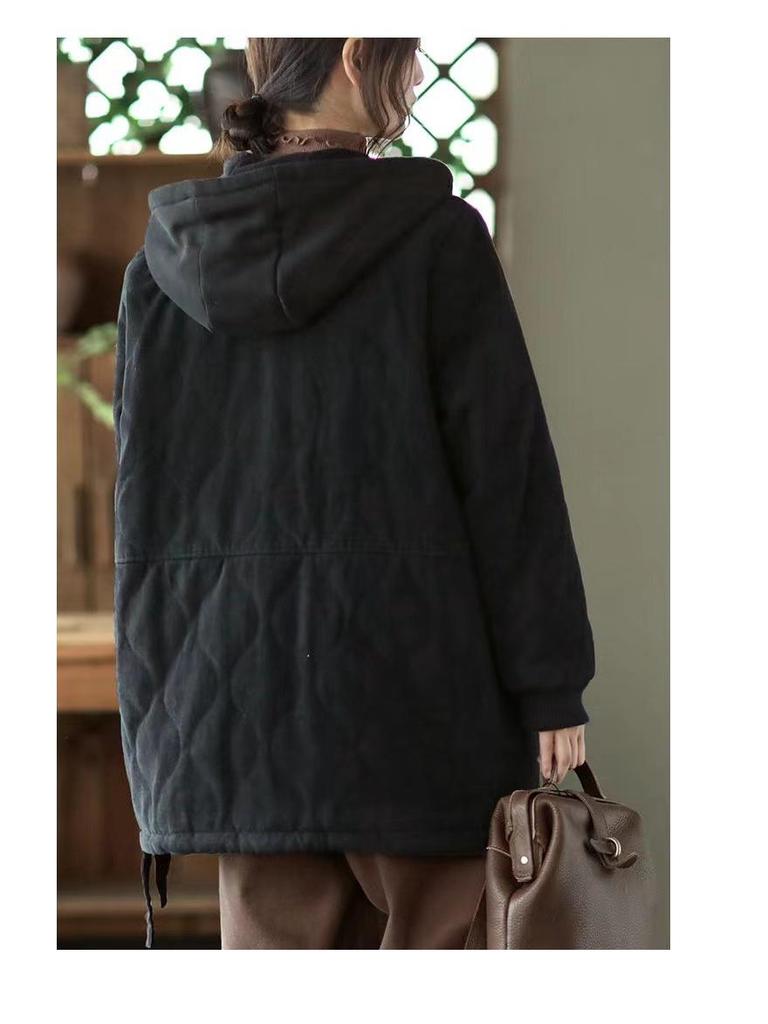 Women's Retro Padded Cotton Jacket: Autumn/Winter Hooded, Round Neck, Long Sleeve, Loose Fit, Plus Size Casual Top.