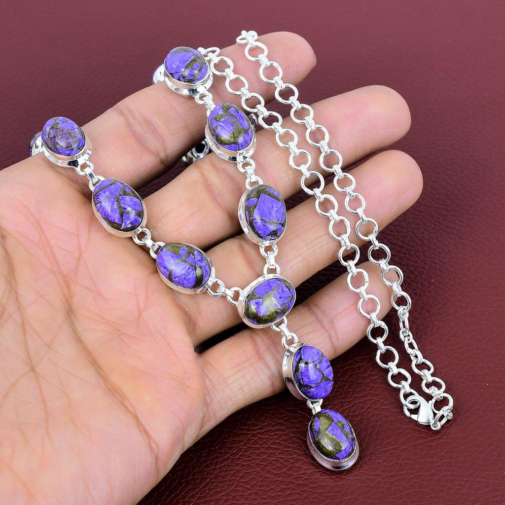 Copper Charoite Necklace Original Gemstone Necklace 925 Sterling Silver Necklace Adjustable Chain Necklace Handmade Jewelry Gifts for Mother