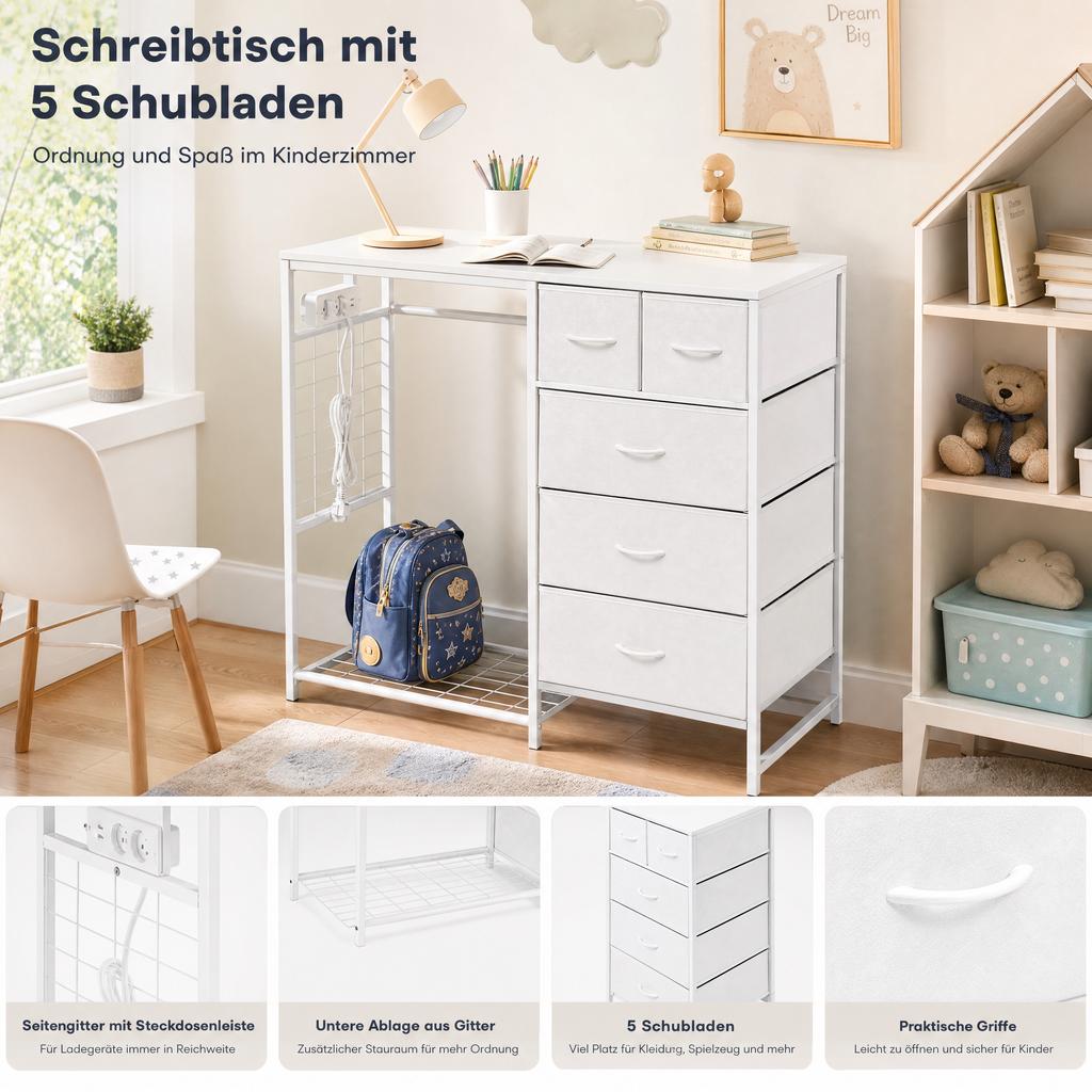 Children's Wardrobe with 6 Drawers, Clothes Rail & Socket - Multifunctional Coat Rack for Children's Room, White