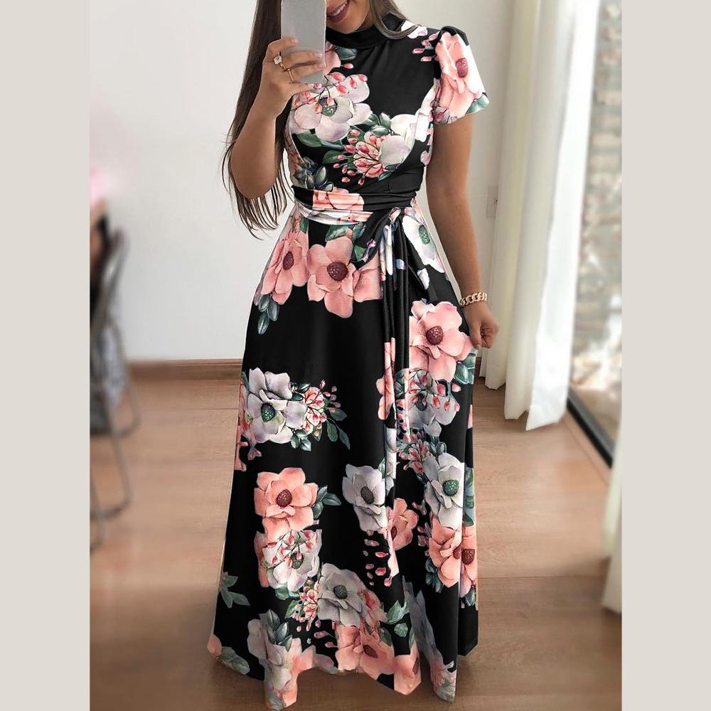 

Женское летнее платье в пол с цветочным принтом, короткие рукава, О-образный вырез, повседневные платья M чёрный