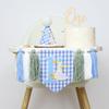 Baner na krzesełko do karmienia na 1. urodziny Motyw gęsi Niebieska kratka Baner z frędzlami Czapka Rekwizyt fotograficzny na urodziny chłopca i dziewczynki Dekoracje