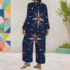Women Plus Size Dark Navy Printed Two Piece Set Round Neck Long Sleeve Top Wide Leg Cropped Pants