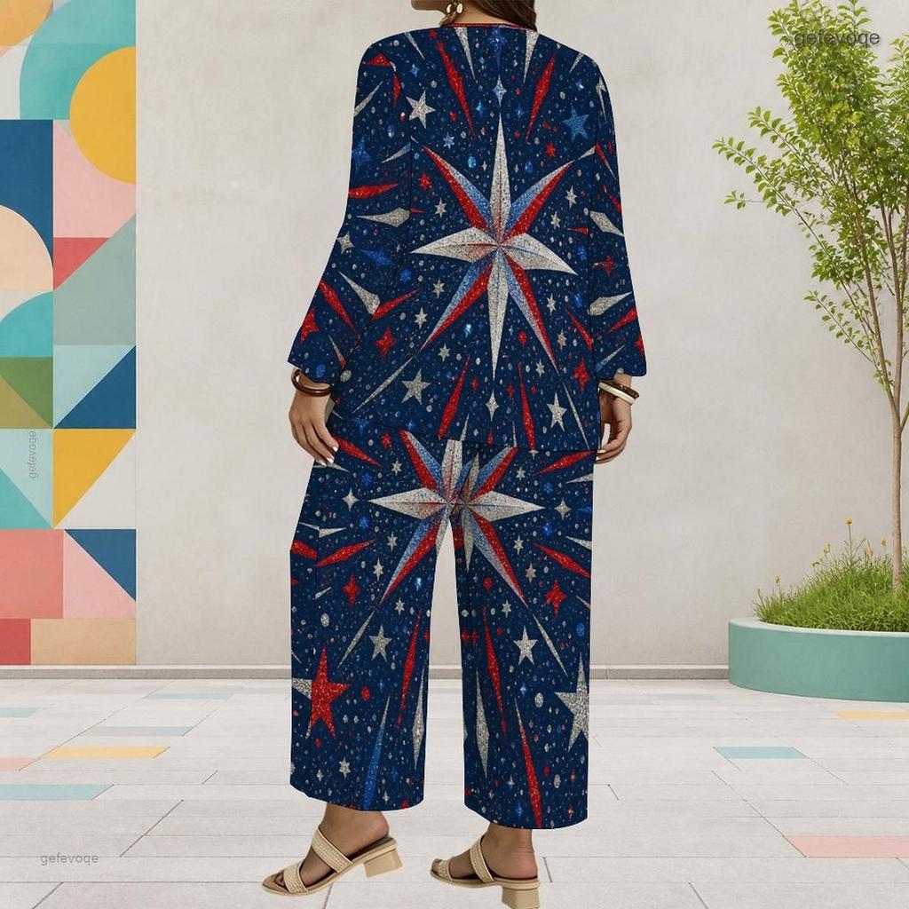 Women Plus Size Dark Navy Printed Two Piece Set Round Neck Long Sleeve Top Wide Leg Cropped Pants