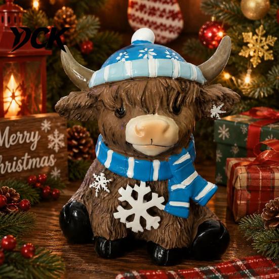 Cartoon Animal Figurine Winter Highland Cow Resin Figurine, Cattle Statue for Sculpture Desk Decor, Shape Ornament Home Office Decor