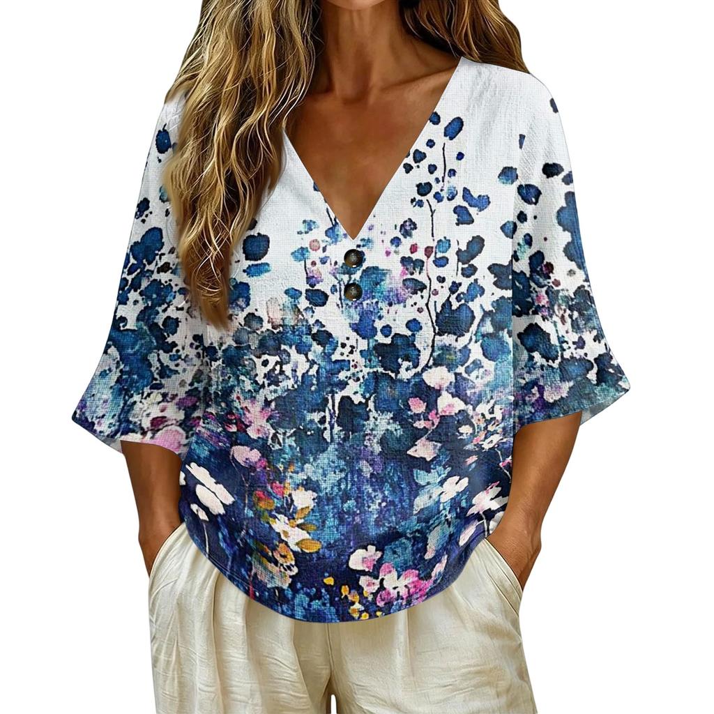 Women's Vintage Floral Print V Neck Short Sleeve Loose Fit T Shirt Made with Linen Blend Fabric Casual Summer Top for Daily Wear