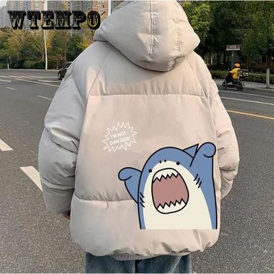 Męska kurtka puchowa zimowa gruba ciepła ocieplana bawełną kurtka płaszcz z kapturem Fierce Shark Print Zipper Coats Chleb Jacket