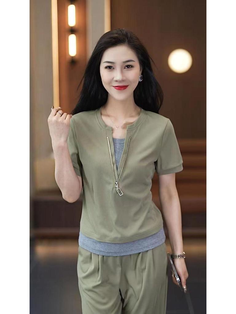 Women's Summer 2025 Fashion: Casual Short Sleeve Two-Piece Set with Wide Leg Pants