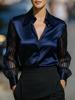 Satin Blouse with Sheer Bubble Sleeves and Notch Collar