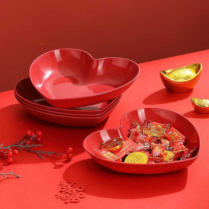 Large Love Red Fruit Plate Household Coffee Table Fruit Snacks Heart Shaped Red Plate Dining Table Bone Spitting Plate
