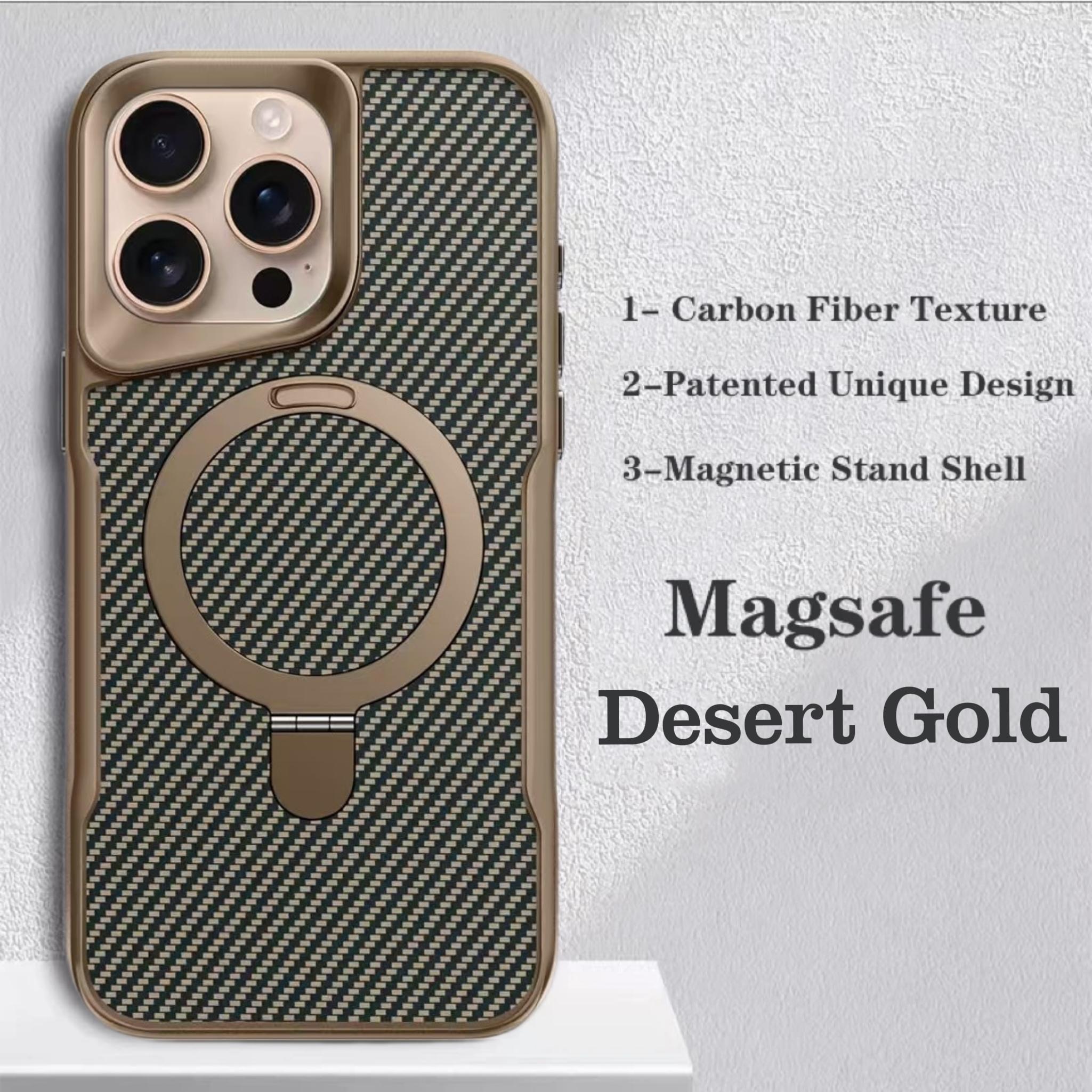 

Роскошный мягкий резиновый каркас металлический чехол-подставка для телефона iPhone 16 Plus 15 14 13 12 Pro Max текстурированная задняя панель из углеродного волокна магнитный чехол Magsafe For iPhone 16 Plus&Case & Holder золотой