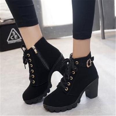 Large Size 40-43 Polyurethane Bottom Thick Heel Martin Boots Women's Autumn and Winter New Lace-up Side Zipper Women's Single Boots