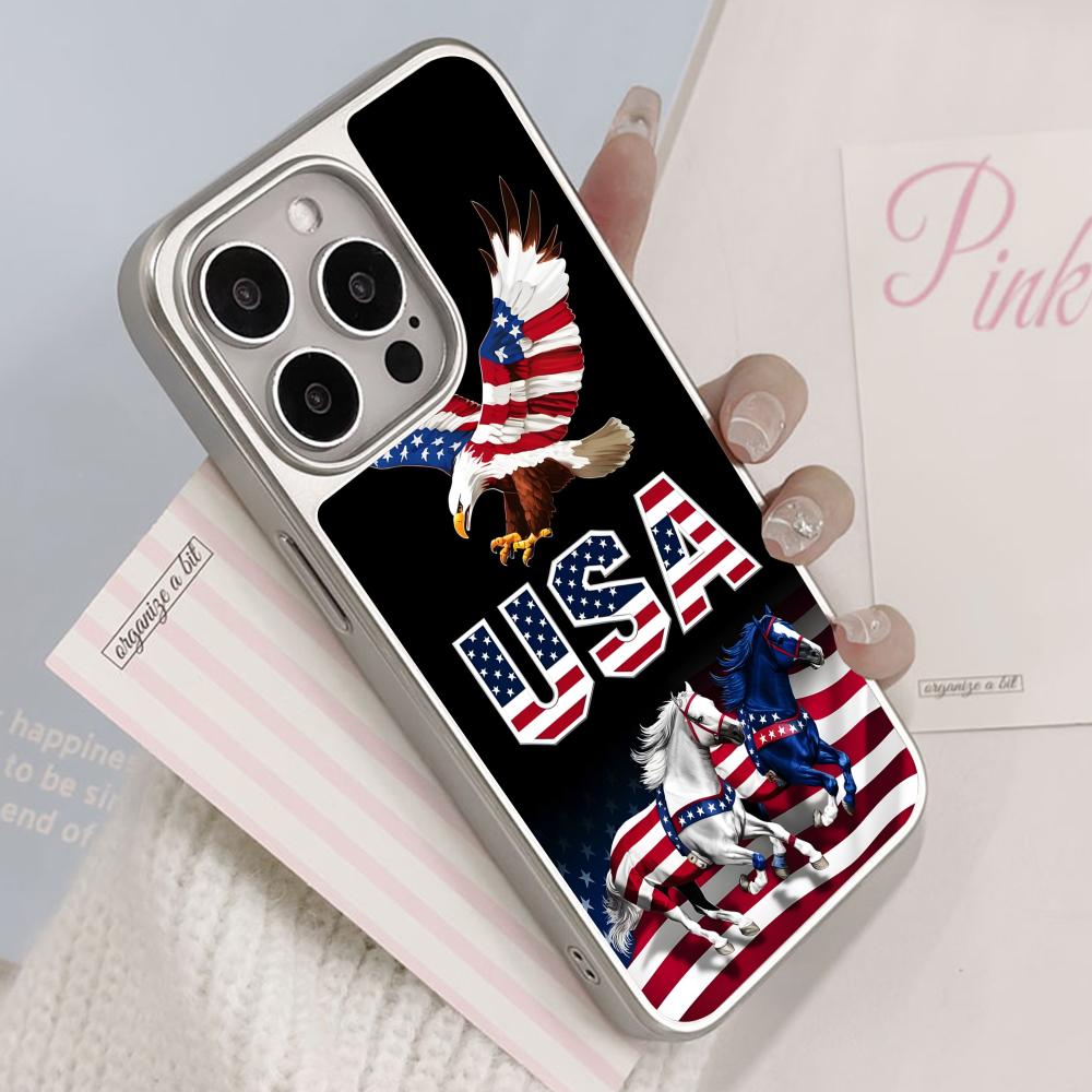 USA America Flag Silver Plating Mobile Phone Case for iPhone 17 16 15 14 13 12 11 Air Pro Max Plus Colorful Cover