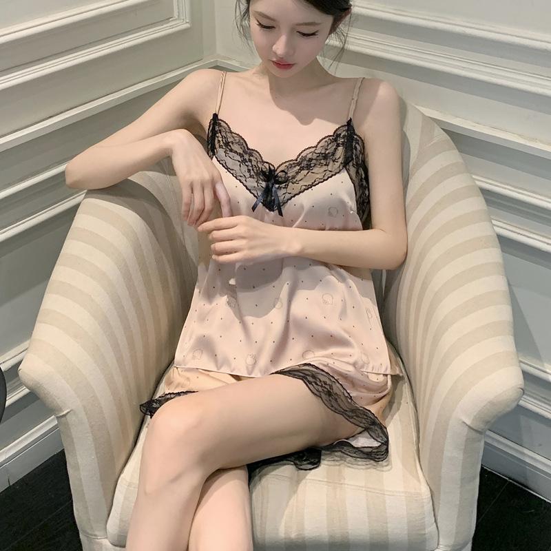 Women's Summer Ice Silk Suspender Shorts Set Lace Lace Ice Silk Pajamas Thin Casual Versatile Printed Cartoon