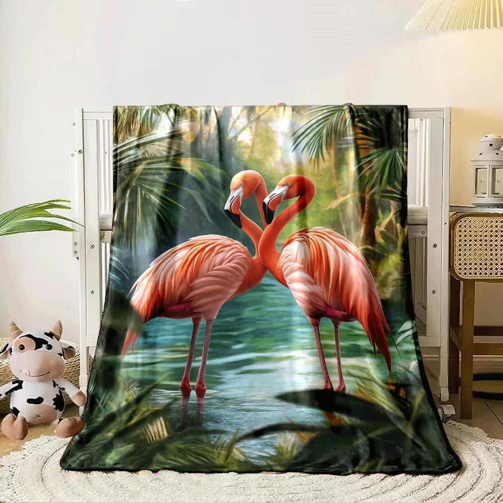 Two flamingos with entwined necks in a lush, tropical forest setting. for all seasons blanket lunch break throw gift 80cm x 120cm
