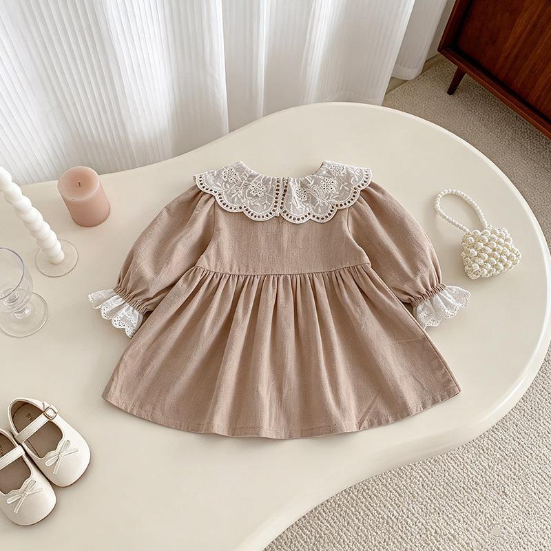 Mädchen Langarm Prinzessinnenkleid Süßer Spitzenkragen Herbst Kinderkleid