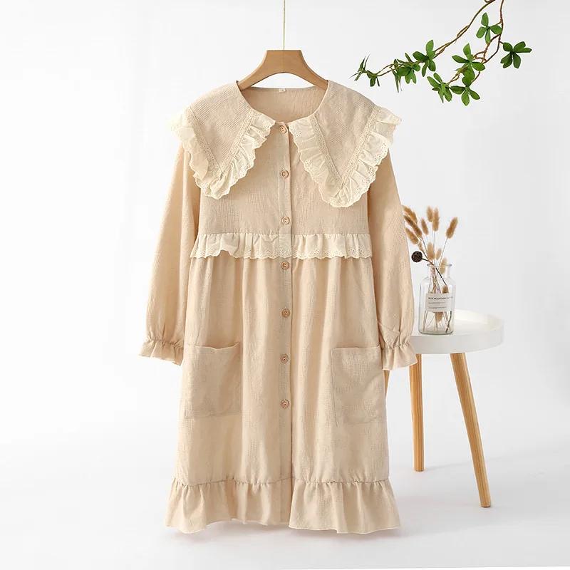 New Spring and Summer Women's Long Dress 100% Cotton Sleeping Dress Long Sleeve Loose Cute Baby Neck Home Dress Sleepwear