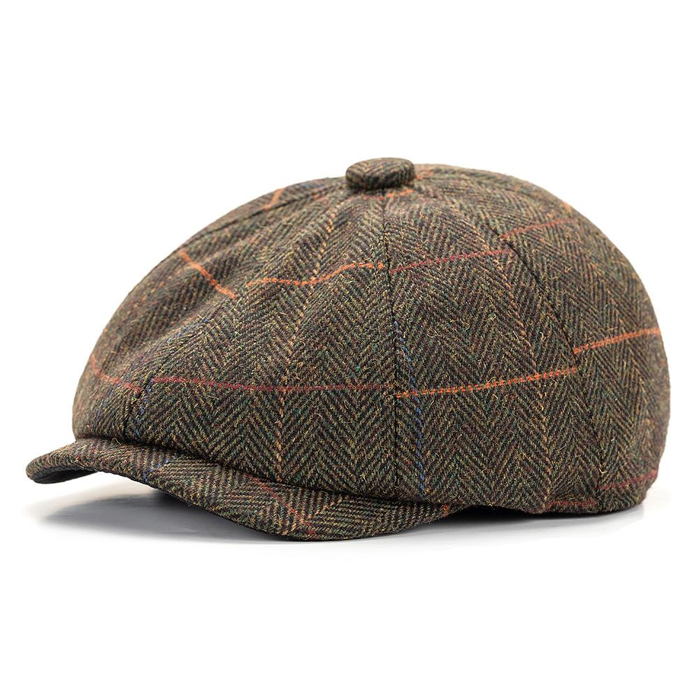 

Autumn Winter Classic Check Warm Octagonal Cap for Men British Vintage Wool Tweed Beret Newsboy Cap армія зелений колір