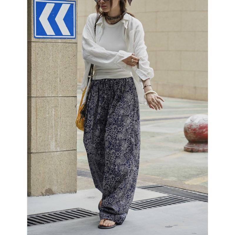 Johnature Bohemian Ethnic Style Cashew Flower Wide-leg Casual Women Pants Summer Long Casual Trousers
