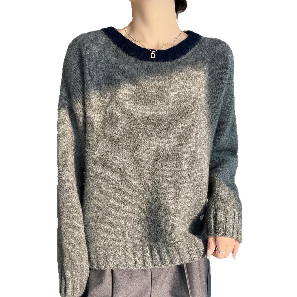 Women's 100% Pure Wool Color Block Sweater - Autumn/Winter Round Neck Knit Top