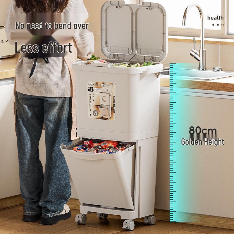 Double-Layer Press-Type Kitchen Trash Can, Thickened, Large-Capacity, Dry/Wet Separation, No Bending Needed, with Lid