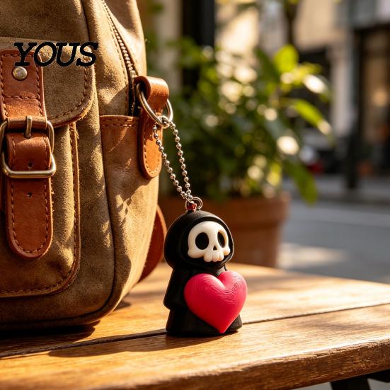 Holding Heart Grim Reaper Decor Keychain Charm, 3D Printed Gothic Skull with Hanging Ball Chain, Backpacks Bags Purse Decoration, Halloween