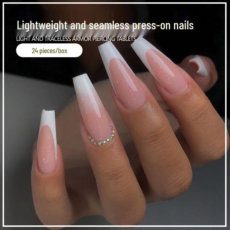 

Gradient White Pink Rhinestone Reusable Nail Tips Gold Plating Glue