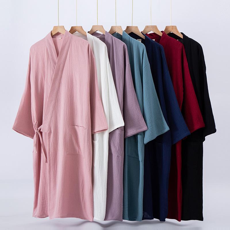 

Spring Summer Women Robe Couple Cotton Crepe Bathrobe Oild Loose Open Dresses with Pockets Casual Ladies Sleepwear M чорний