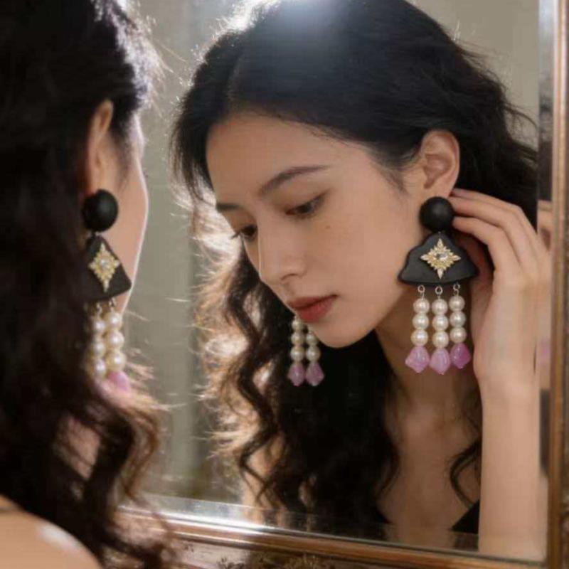 Elegant Amethyst Pearl Black Wood Tassel Earrings for Autumn & Winter