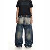 Mens Distressed Washed Straight Cut Denim Jeans With Metal Rivet Detailing Loose Fit Mid-Rise Streetwear Style