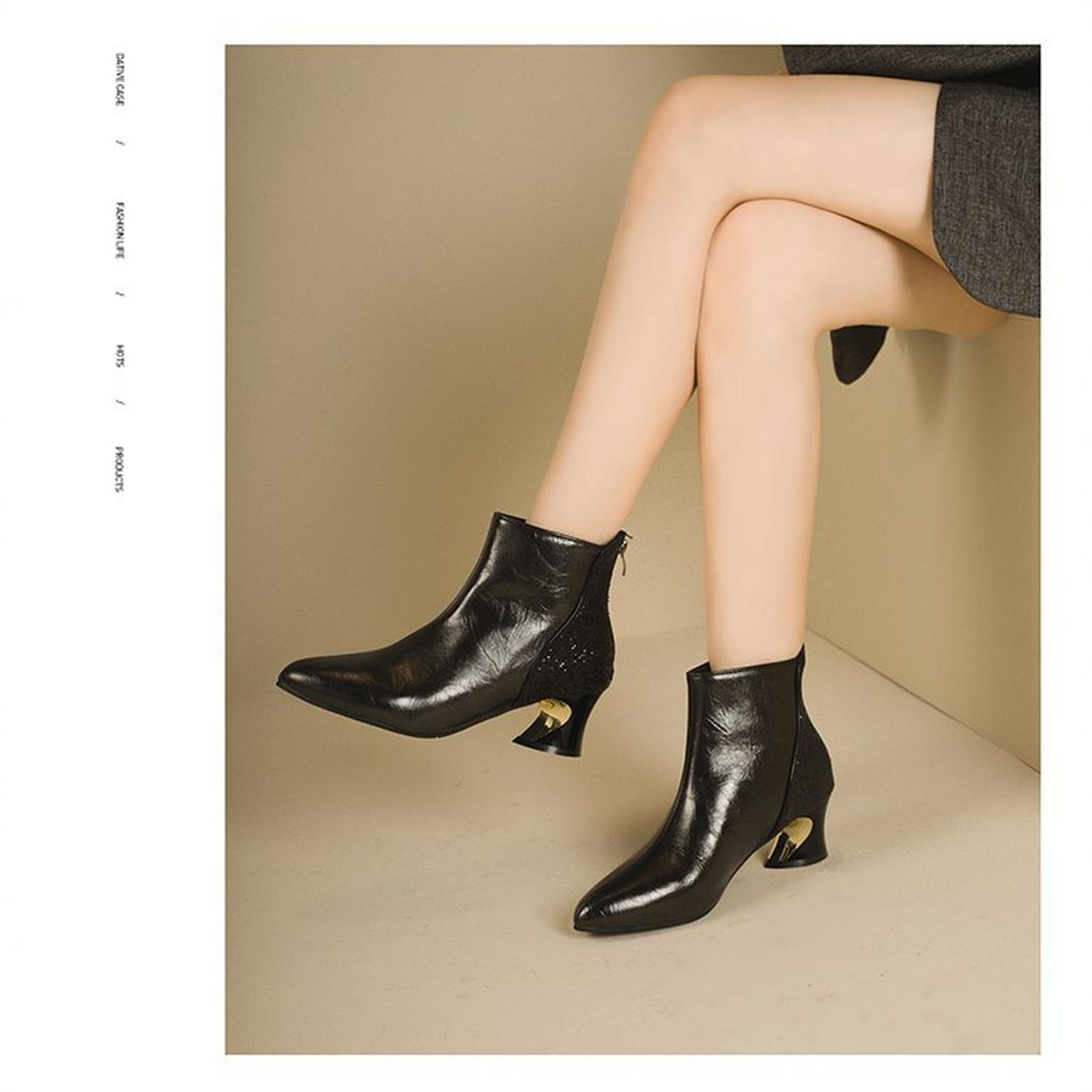 Women s Winter New Plus Size Boots - Cross-Border Pointed Toe Chunky Heel Zip Boots 36