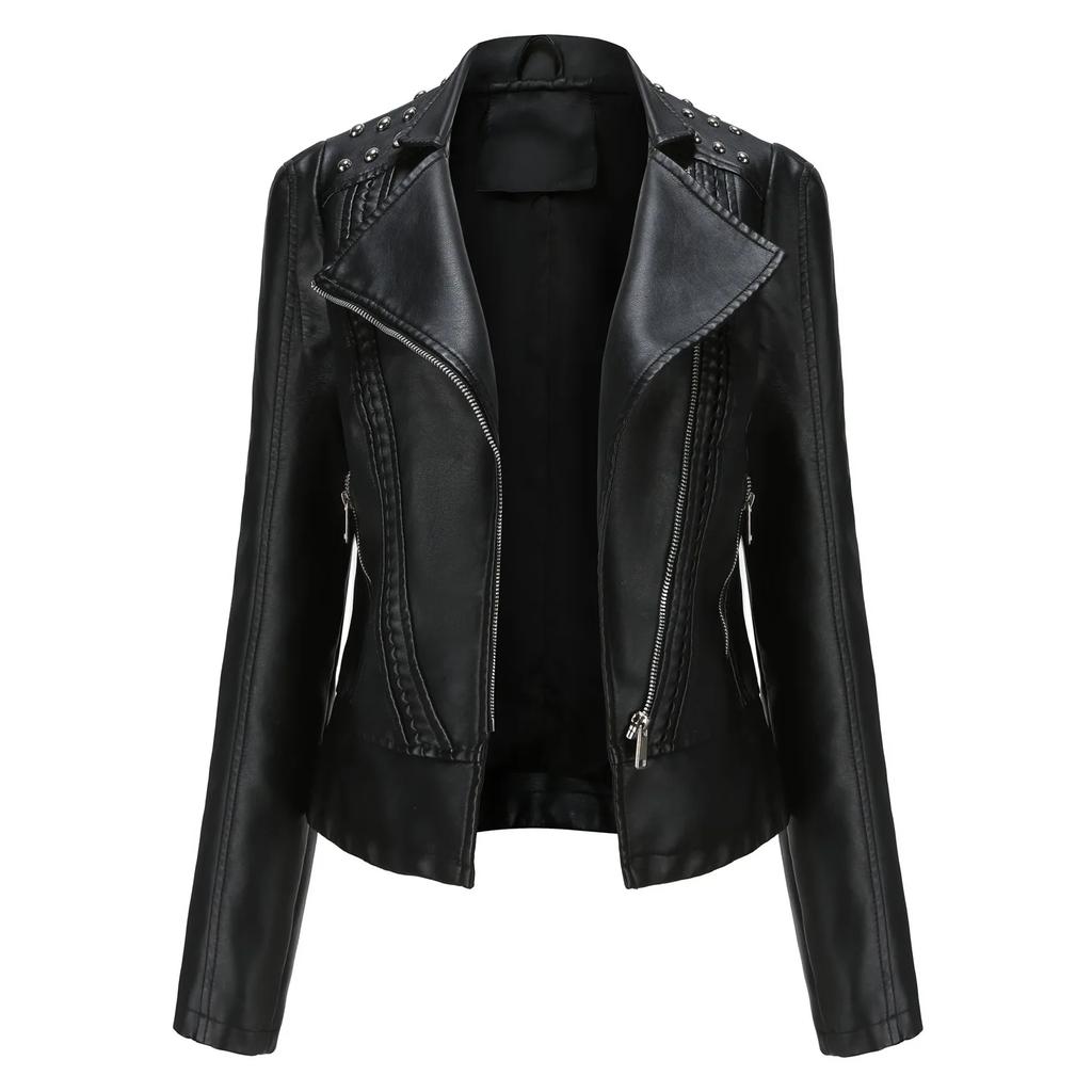 Women Faux Leather Coat Thin Pu Coats Turn Down Collar Full Sleeve Sexy Jackets Zipper Casual Splice Short Jacket Slim Fit