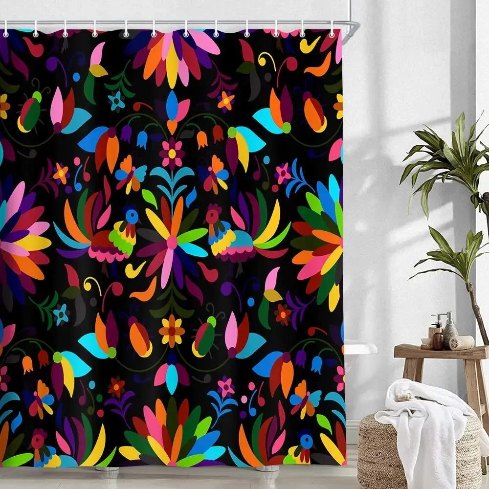 Mexican Floral Shower Curtain, Ethnic Art, Birds and Paisley, Flowers in White,Polyester, Waterproof, Bathroom Decor